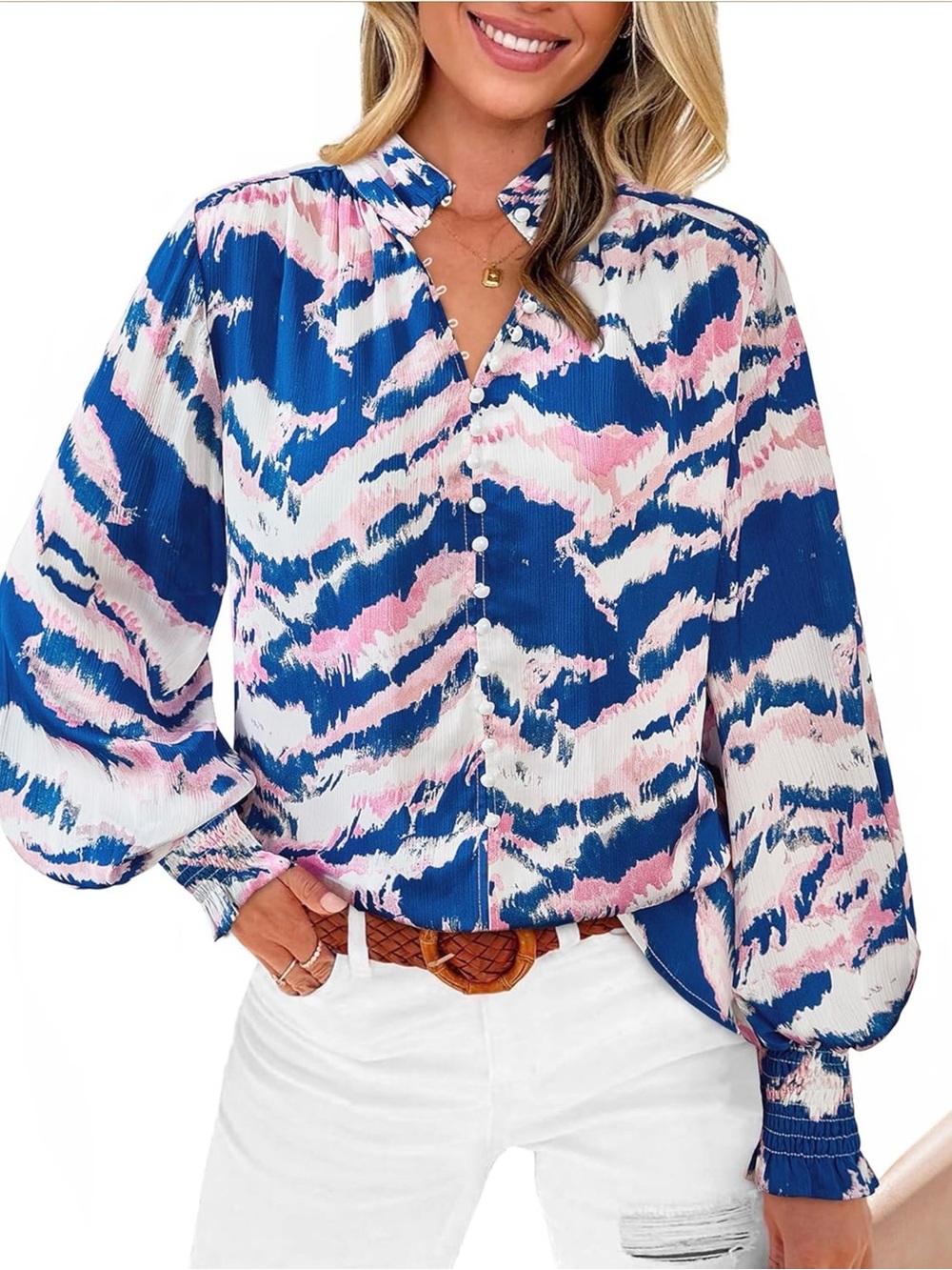 Abstract Blue and Pink Button-Down Blouse for Women